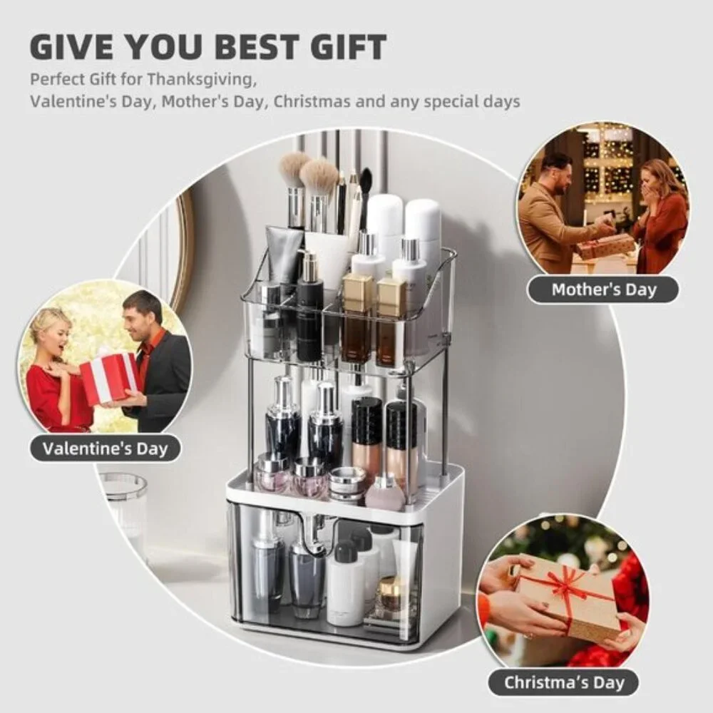 New 3-Tier Gray Makeup Organizer, Small Countertop Drawer Storage for Skincare